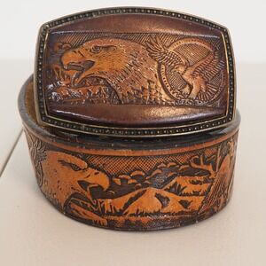Vintage Eagle Tooled Leather Belt and Buckle by Alumaline 4108 Brass Embossed
